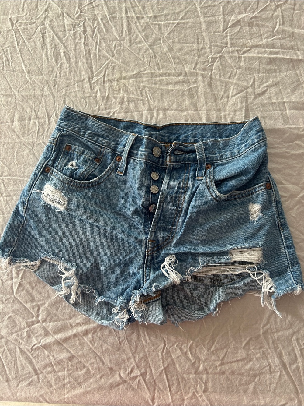 Levi's Light Blue Distressed Button-Fly Denim Shorts